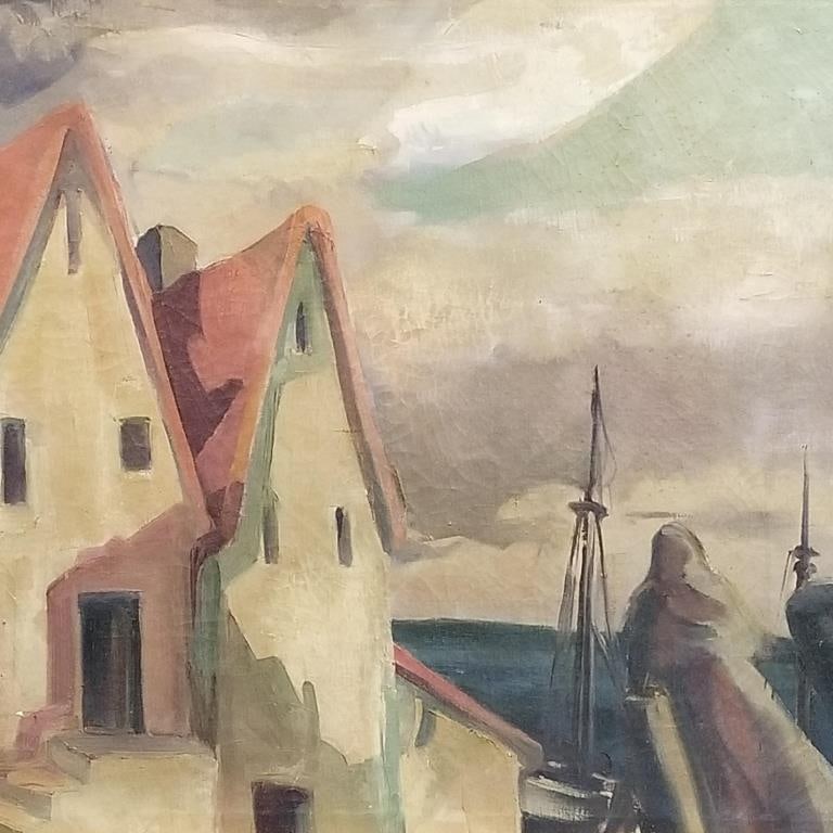 Large oil painting on canvas- buildings & boats- 45" x 37" framed O.D. (1 of 9)