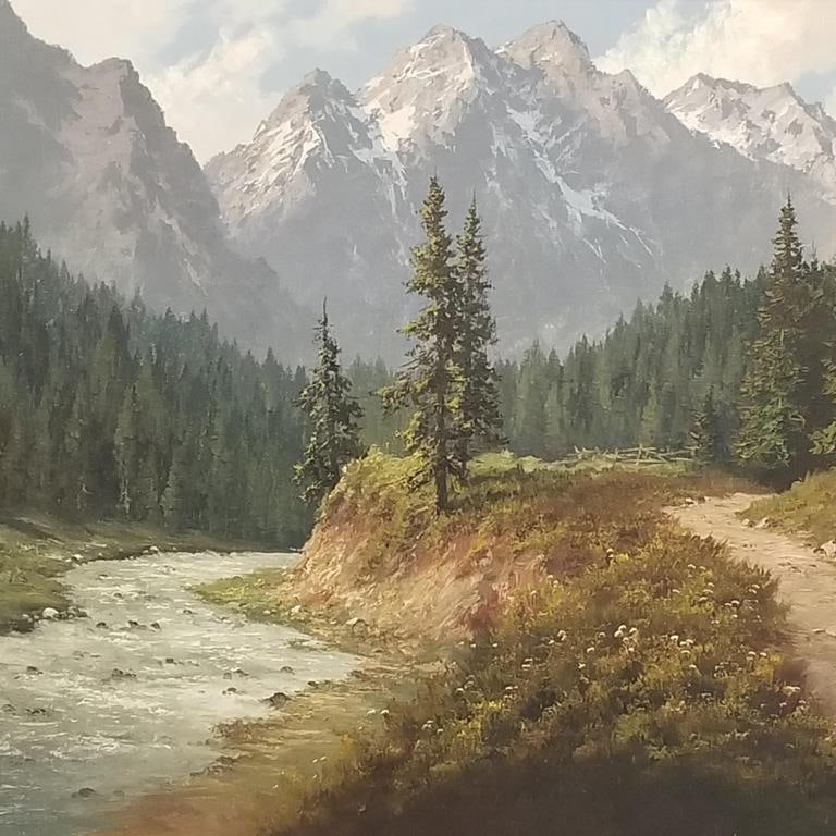 J.H. Thomas signed oil painting on canvas- mountainscape- 32"H 44" framed O.D. (1 of 13)