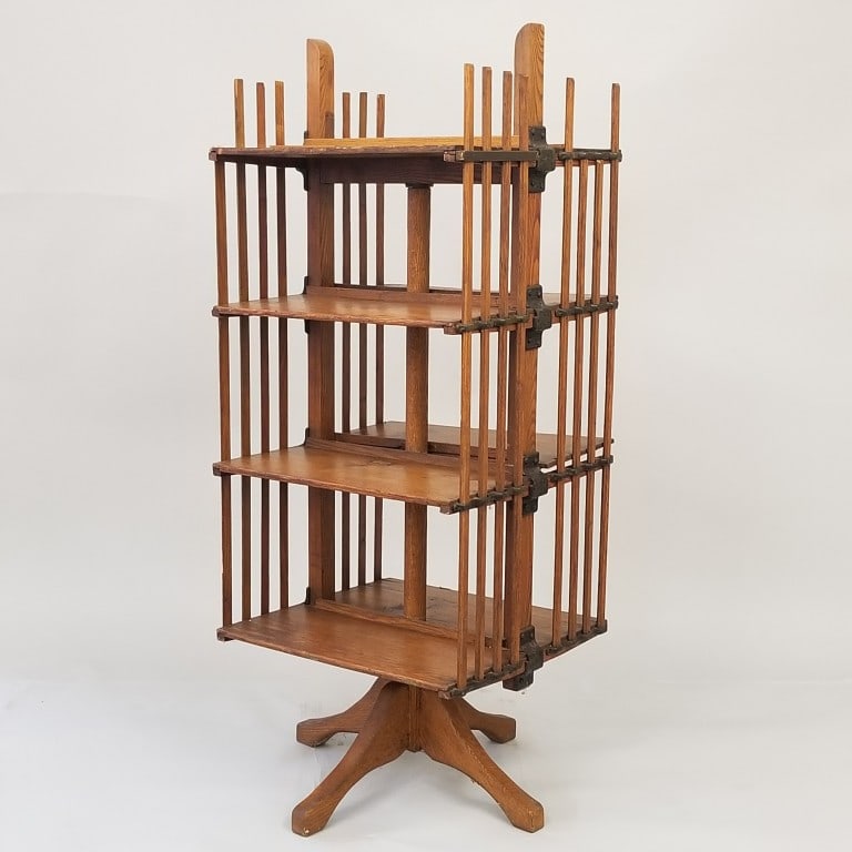 Revolving oak bookcase (as seen- some slats broken/ missing) 56"H 22 1/2"W 20 1/2"D (1 of 11)