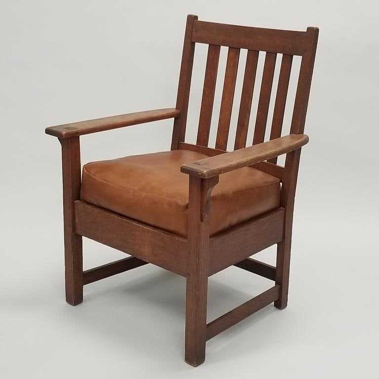 Limbert signed mission oak armchair with vertical slats & leather seats- 36"H 26 3/4"W 24 1/2"D (1 of 16)