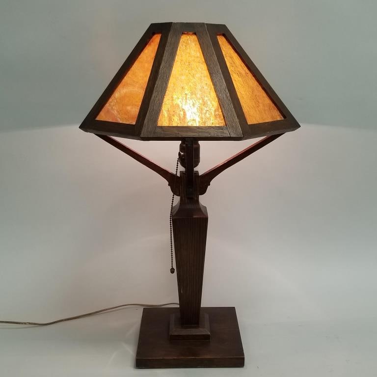 Antique mission oak table lamp with slag glass shade- 23 1/2"H 14 1/2"W 14 1/2"D (1 of 16)