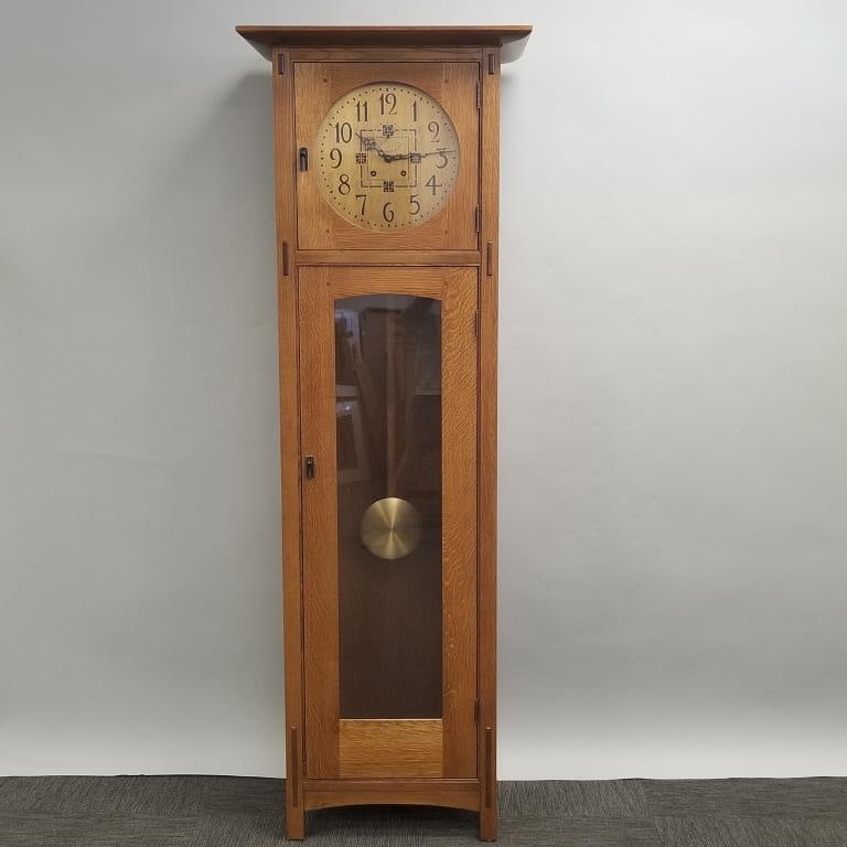 Contemporary Stickley quartersawn oak tall case clock- 80 1/4"H 27"W 15 5/8"D: Contemporary Stickley quartersawn oak tall case clock- 80 1/4"H 27"W 15 5/8"D
