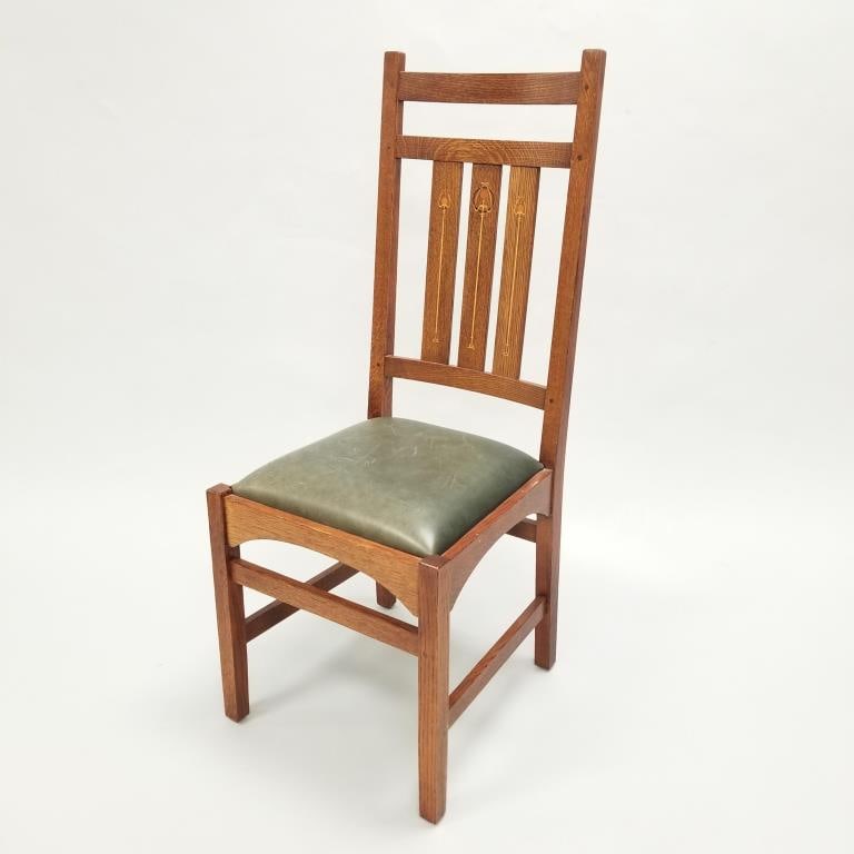 Contemporary Stickley quartersawn oak Harvey Ellis designed inlaid side chair- 43"H 17 1/2"W 21"D (1 of 13)