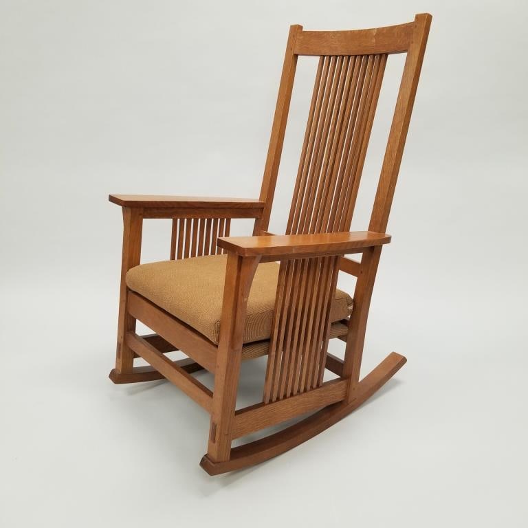 Contemporary Stickley quartersawn oak spindle rocking chair- 44 1/2"H 27"W 31"D (1 of 18)