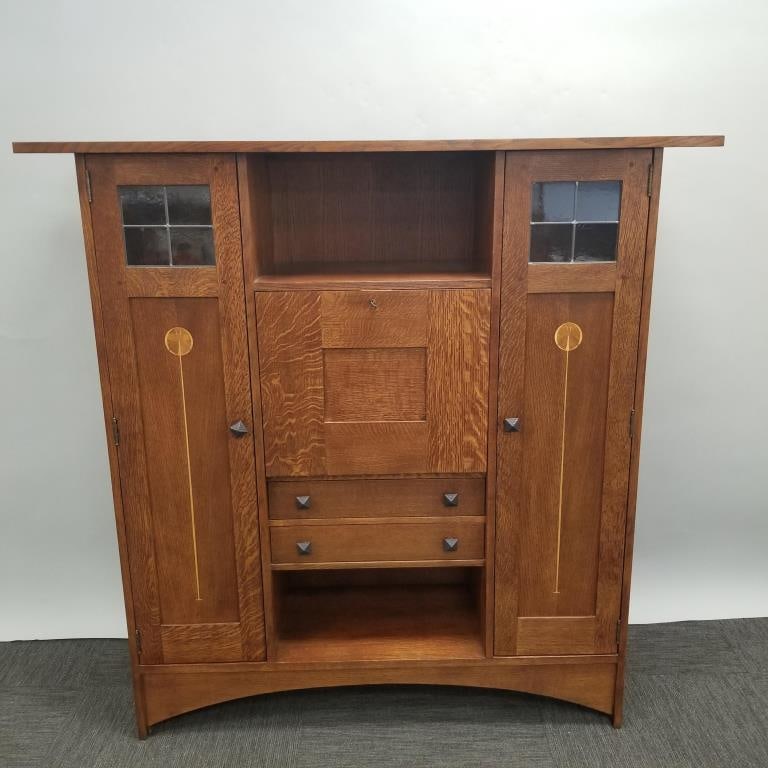 Contemporary Stickley quartersawn oak Harvey Ellis designed inlaid drop front secretary with doors-: Contemporary Stickley quartersawn oak Harvey Ellis designed inlaid drop front secretary with doors- 56 1/4"H 56"H 15"D