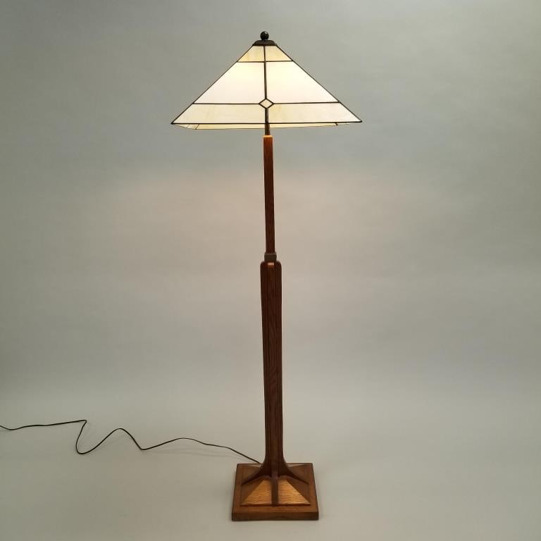 Contemporary Stickley quartersawn oak floor lamp with stained & leaded glass shade- 59"H 19"W 19"D (1 of 10)