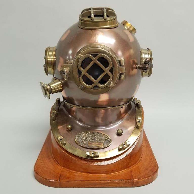 Replica diving helmet on wooden stand- 19"H 15"W 18"D (1 of 16)