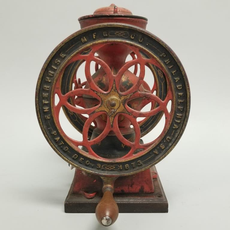 Antique Enterprise No. 2 cast iron coffee grinder- Pat. Oct 21 .73 with screw key- 12 1/2"H 10 1/4"W (1 of 15)