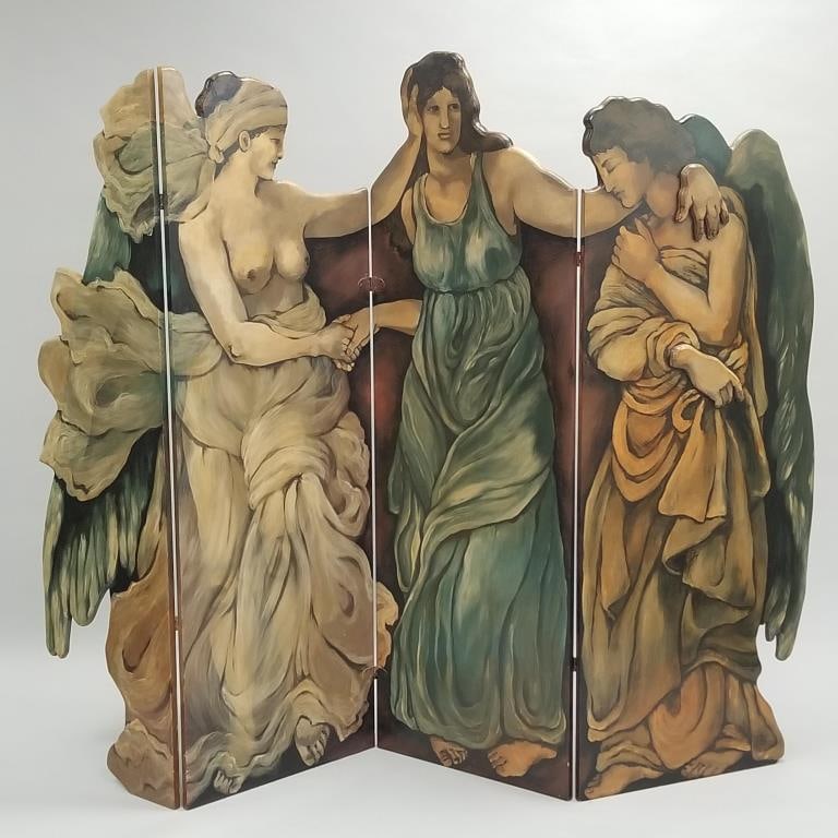 Janie Elias, 1992, signed hand painted carved 3-D folding 4 section screen- 68"H 25"W largest panel (1 of 16)