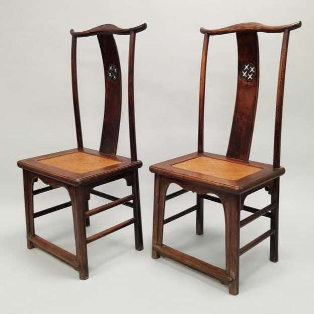Pair antique carved Chinese tall back chairs with woven seats & wax seal marks- 47 3/4"H 23"Widest (1 of 12)