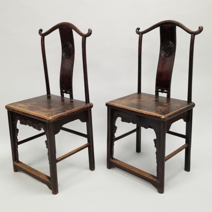 Pair antique carved Chinese tall back chairs with solid seats & wax seal marks- 43"H 21"W 16 1/2"D (1 of 14)