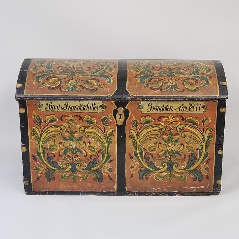 Early rosemaled decorated dome top trunk- 27 3/4"H 44"W 24 1/2"D (1 of 20)