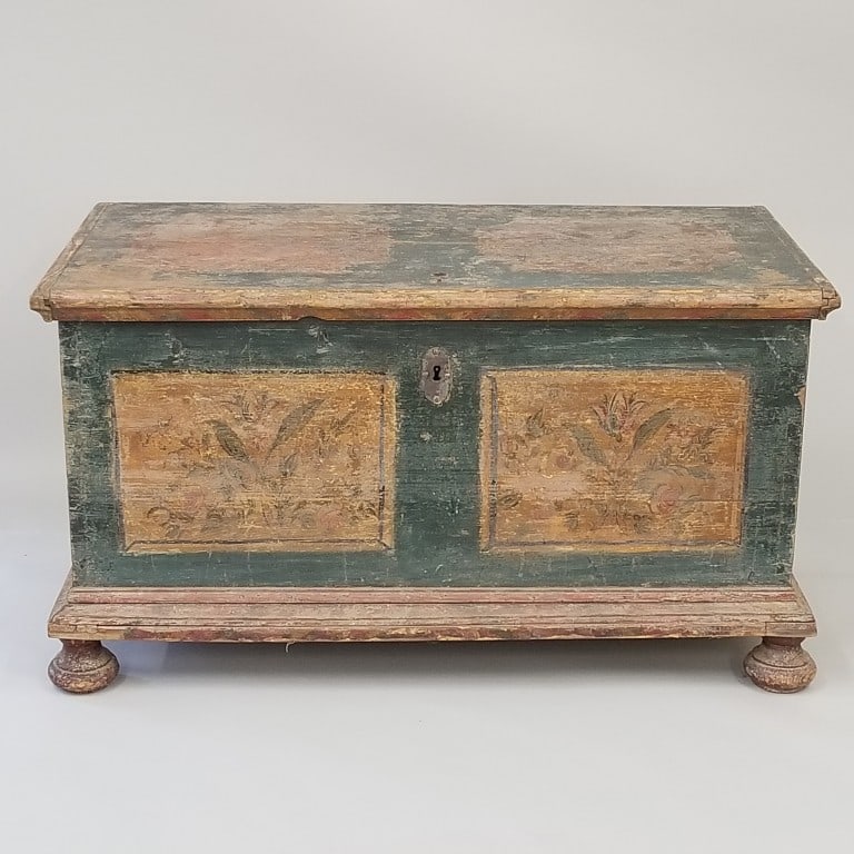 European decorated trunk- 27 1/2"H 49"W 25 1/2"D, (no key & latch broken) (1 of 14)