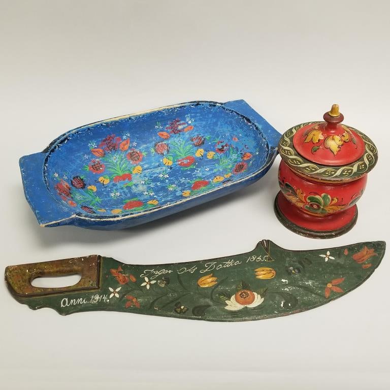 3 pieces vintage rosemaled, etc. wood items incl flax knife dated Anni 1914 (some losses) 25"L 6"W (1 of 20)