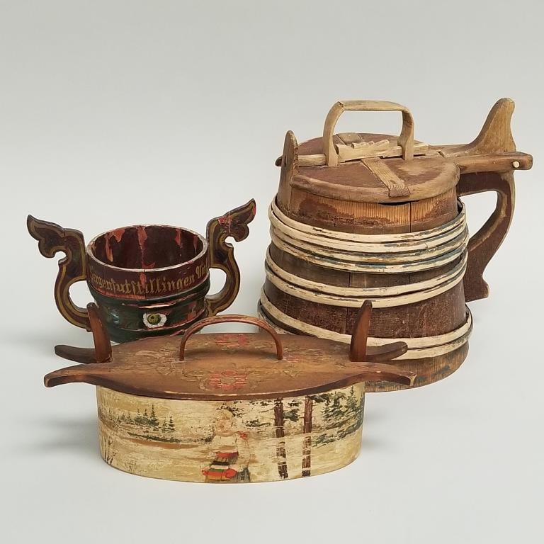 3 pieces antique Scandinavian wood items: 1910 handled bowl, tine box & lidded tankard (some as (1 of 20)