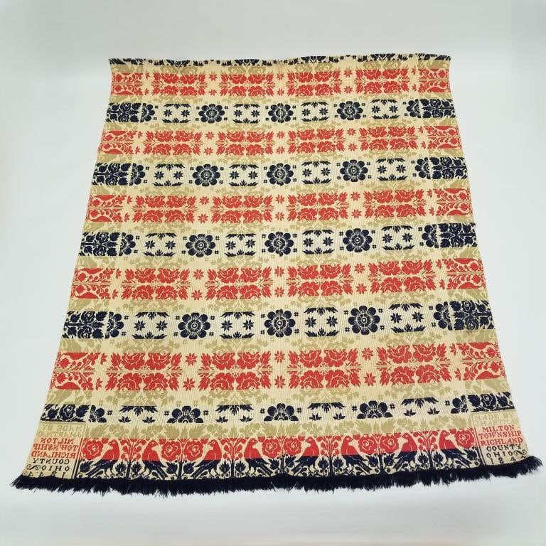 1844 Ohio woven coverlet made by J. Hartman, Milton Township, Richland County - 7' 8" x 6' 4": 1844 Ohio woven coverlet made by J. Hartman, Milton Township, Richland County - 7' 8" x 6' 4"