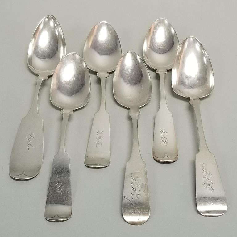 6 large American silver spoons: 9 toz total incl sterling & 3 coin silver incl Beggs & Smith, N. (1 of 15)