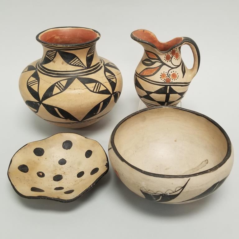 4 Santo Domingo pottery pieces: vase, pitcher, bowl & tray- (some as is) 7 1/2"H 8 1/2"W largest (1 of 20)