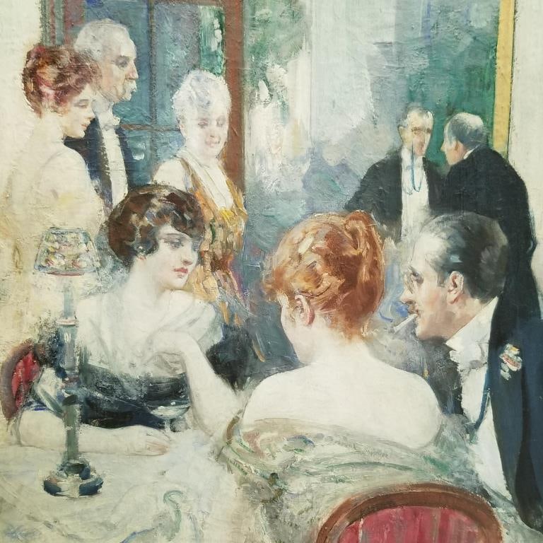 Antique H. Giles signed illustration oil painting on board- dinner scene- 25 1/2"H 19"W framed O.D. (1 of 9)