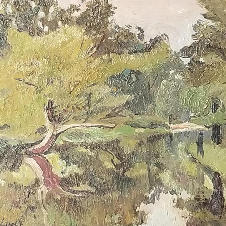 Framed signed illegibly oil painting on canvas- landscape- dated 1932 (?) in newer frame (relined): Framed signed illegibly oil painting on canvas- landscape- dated 1932 (?) in newer frame (relined) 16"H 18"W