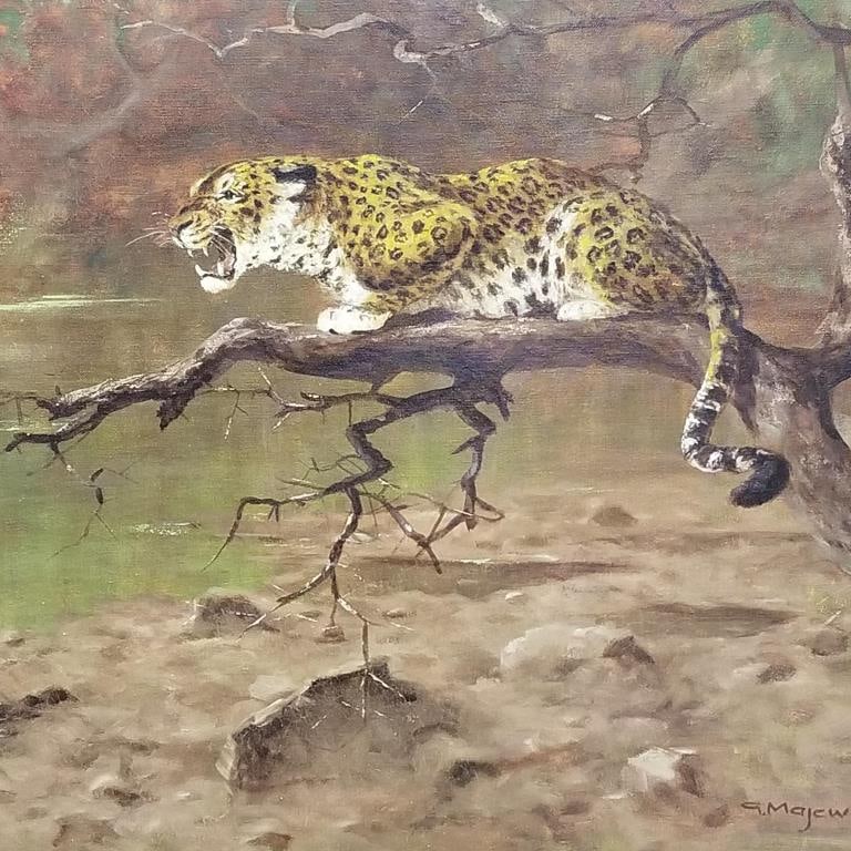 Large G. Majewicz oil painting on canvas- Leopard (some craquelure) 31 12"H 42 1/2"W: Large G. Majewicz oil painting on canvas- Leopard (some craquelure) 31 12"H 42 1/2"W