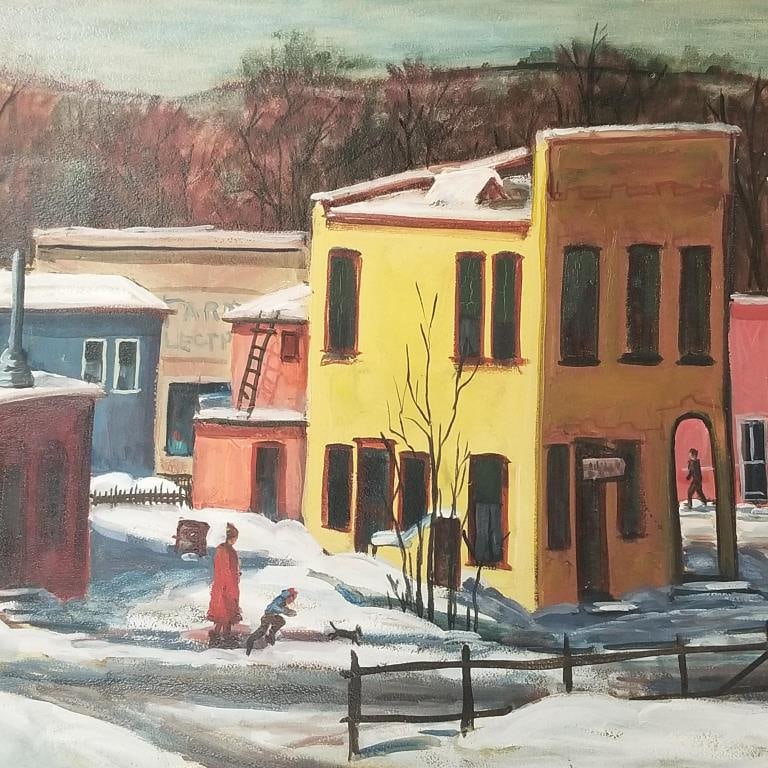 Maudie Fry, Brown & Bigelow artist, signed oil painting on board- Downtown Hudson, WI- dated 1967- (1 of 10)