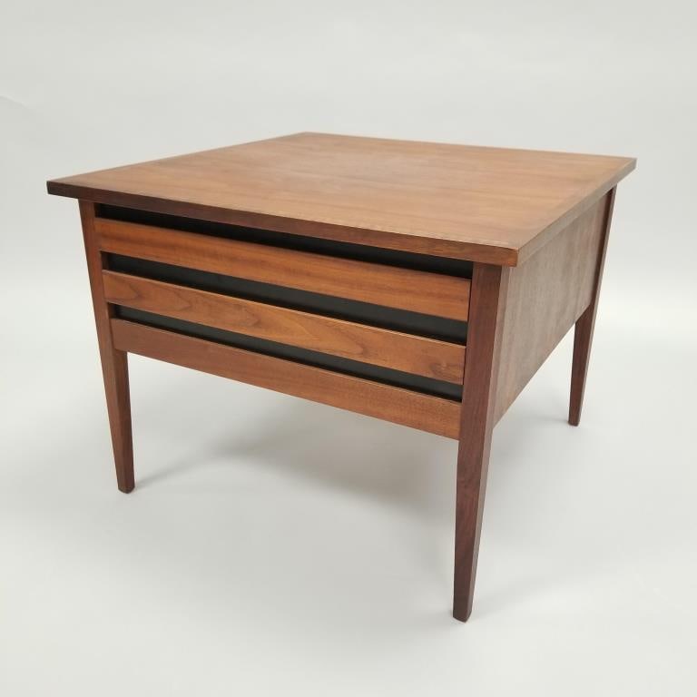 Mid-century walnut side table with single deep drawer- 21 1/8"H 27 1/2"W 27 1/2"D (1 of 13)