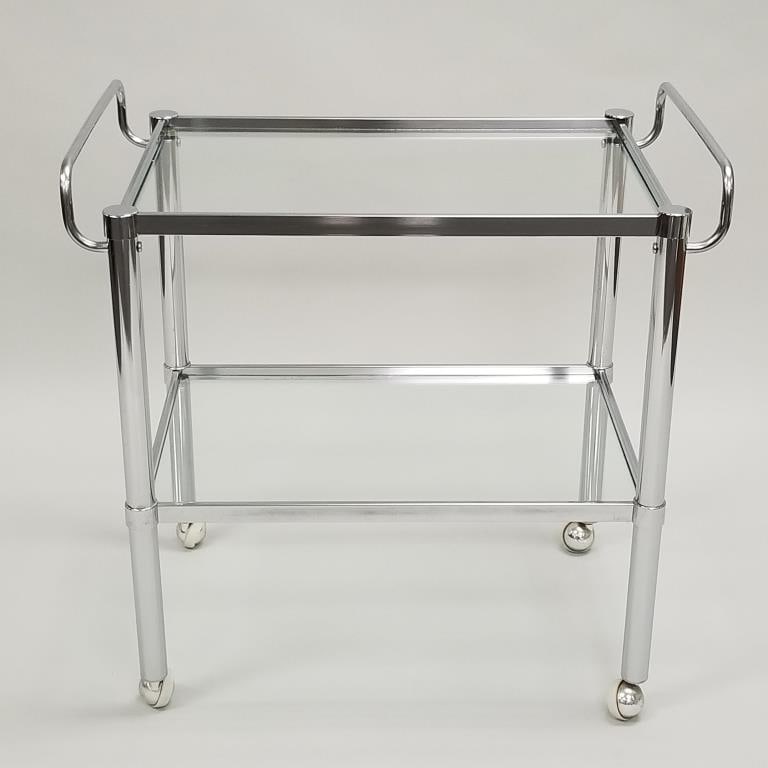 Post modern metal chrome plated serving/ bar cart on wheels with glass shelves- 29"H 29 1/2"W 18"D (1 of 10)