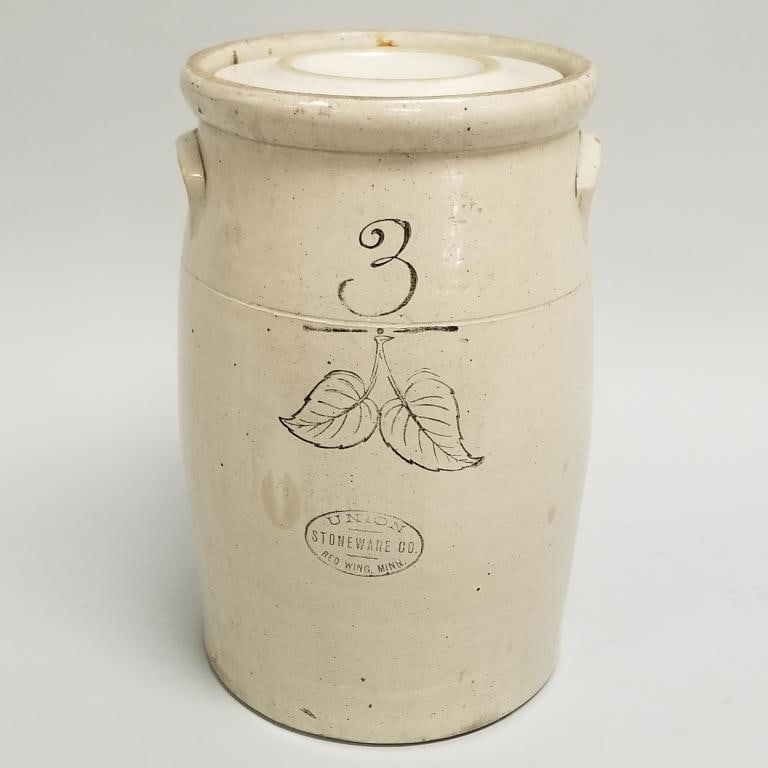 3-gallon Red Wing stoneware churn and cover with birch leaves & Union oval (small chip on handle) (1 of 14)