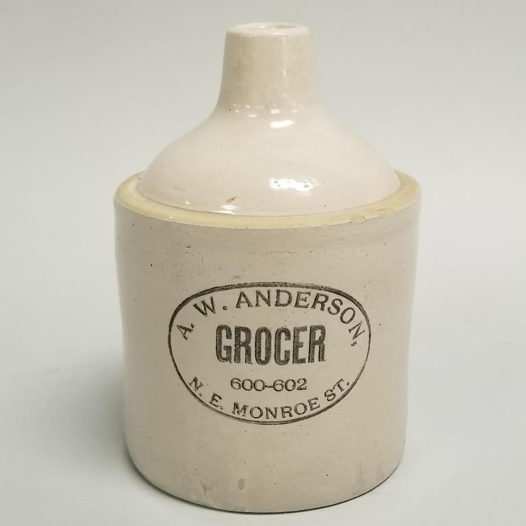 Red Wing small advertising stoneware jug- "A.W. Anderson Grocer NE Monroe St." 8 3/4"H 5 3/4"D (1 of 12)