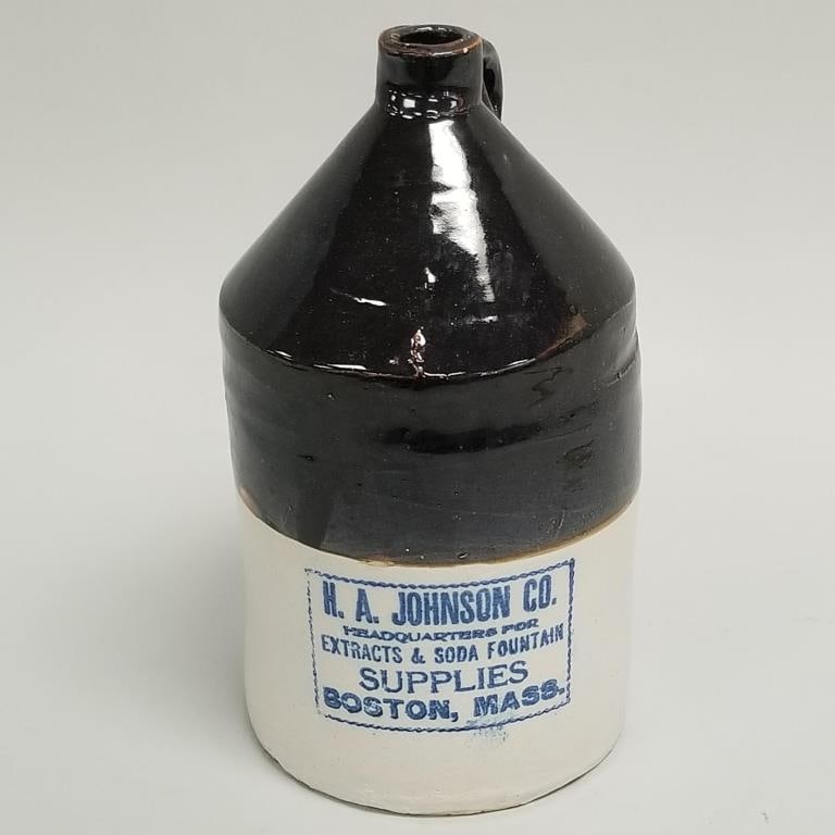 Advertising stoneware jug "H.A. Johnson Co. Soda Fountain Supplies Boston Mass." 12"H 6 1/2"D (1 of 14)