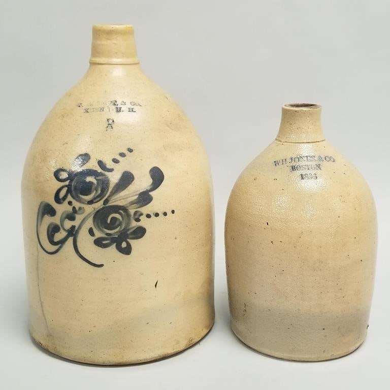 2 salt glaze stoneware jugs with advertising- W.H. Jones & Co. Boston & J.B. Taft N.H. (one as seen, (1 of 20)