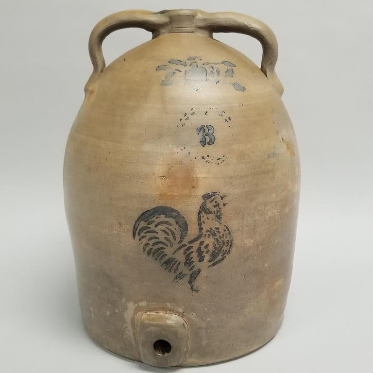 8-gallon salt glaze two handled threshing jug with rooster decoration (hairlines) 19"H: 8-gallon salt glaze two handled threshing jug with rooster decoration (hairlines) 19"H