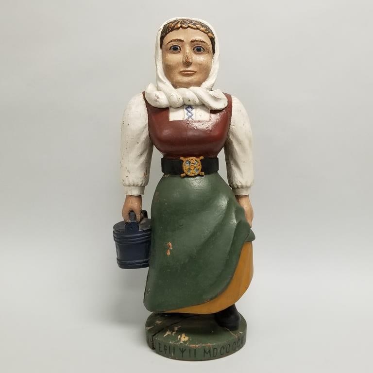 Antique Scandinavian folk art carved & painted wooden figure of woman holding tine box- Dan (1 of 20)