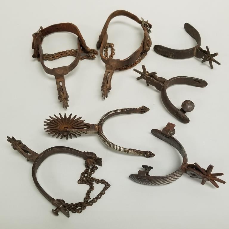 Group antique/ vintage spurs: 2 pair & 3 singles including silver tone metal inlay 1 with star mark- (1 of 13)