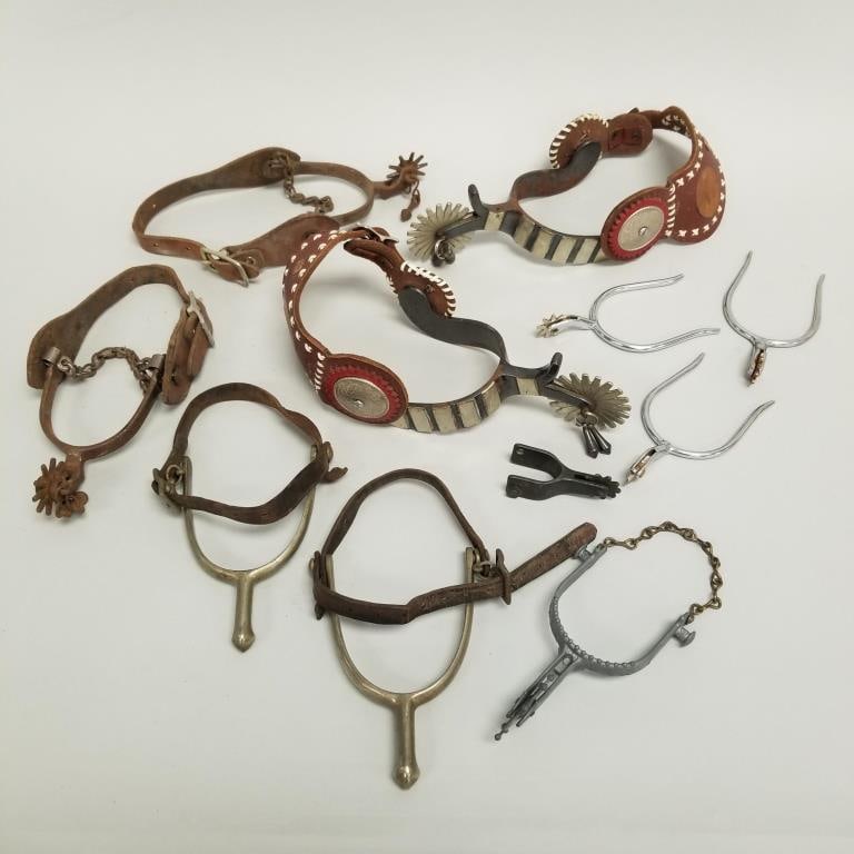Group assorted pair & single spurs: 6 3/4" x 3 3/4" largest; smallest 2 3/4"L- marked BB (1 of 16)