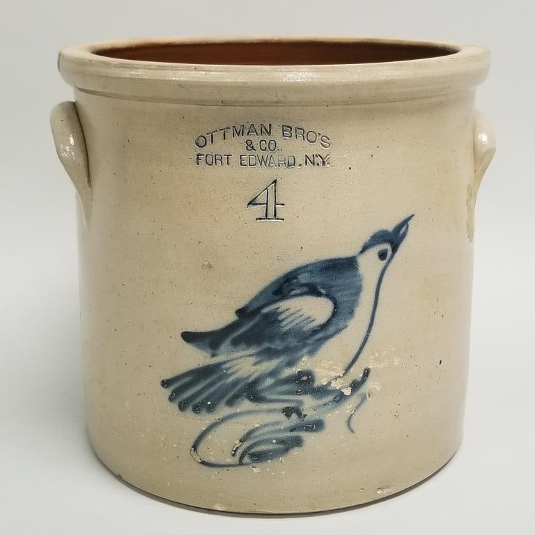 Ottman Bros. & Co. Fort Edward, NY 4-gallon stoneware crock with blue salt glaze bird decoration (as (1 of 13)