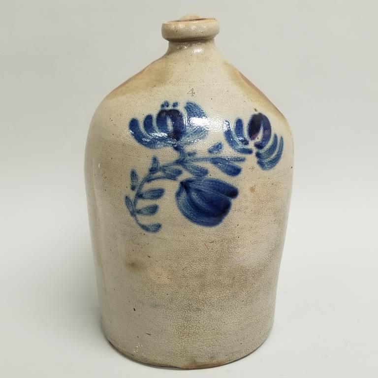 Antique 4-gallon salt glaze jug with blue floral decoration- 16 1/2"H 10"D (1 of 18)