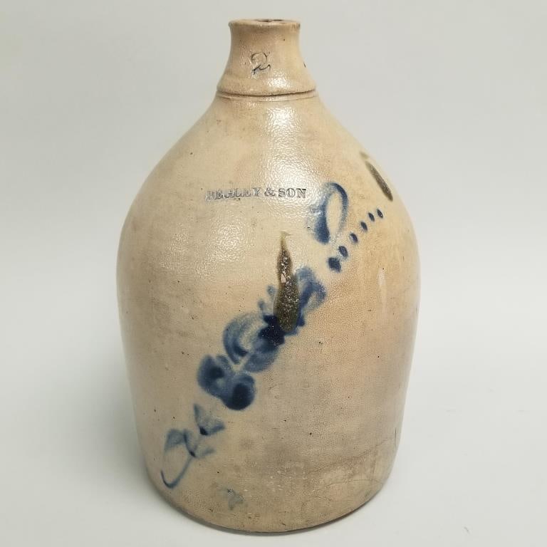 Begley & Son 2-gallon salt glaze jug with blue floral decoration (some as seen- chips to lip, etc.) (1 of 18)