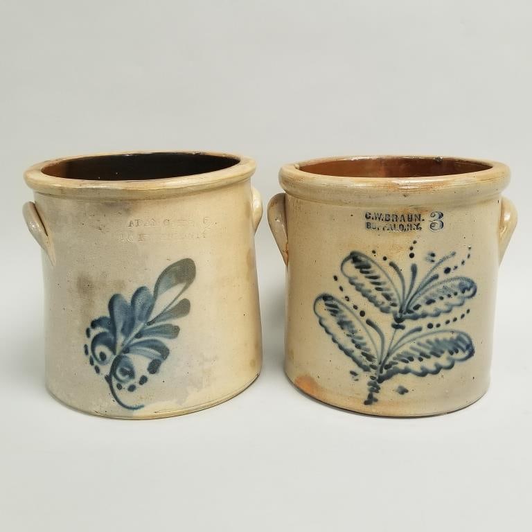 Two 3-gallon salt glaze crocks with blue decoration: C.W. Braun Buffalo N.Y. (repaired) & Adam Caire (1 of 20)