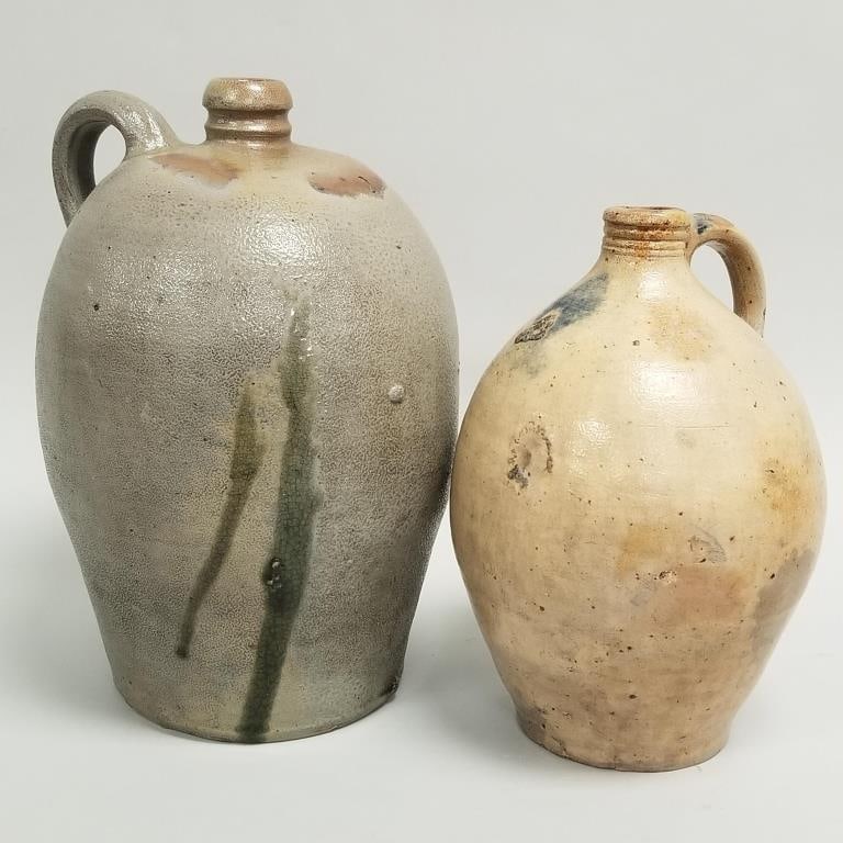2 antique stoneware handled jugs incl 2-gallon, etc (hairlines, etc) 14"H 9"D larger: 2 antique stoneware handled jugs incl 2-gallon, etc (hairlines, etc) 14"H 9"D larger