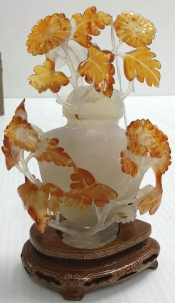 5 1/2" carved bicolor jade floral urn with stand (as (1 of 9)
