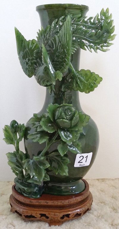 10" carved jade vase with bird design on stand (1 of 4)