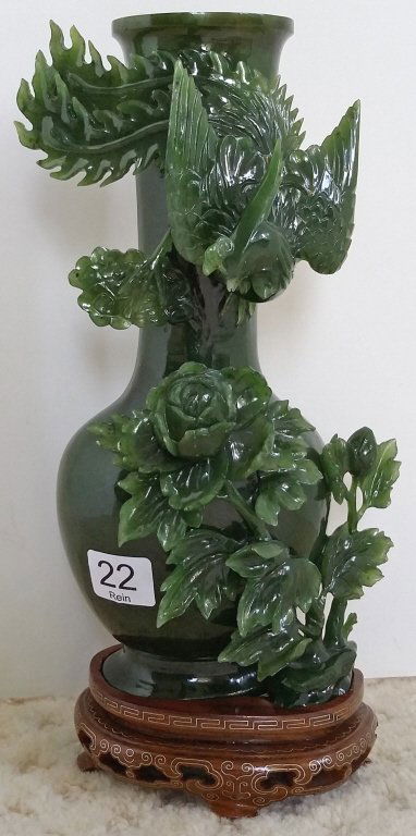 10" carved jade vase with bird design on stand (1 of 4)