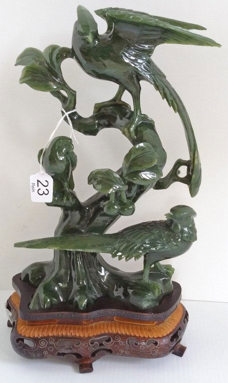 11" carved jade pheasant grouping on stand (tail chip) (1 of 4)