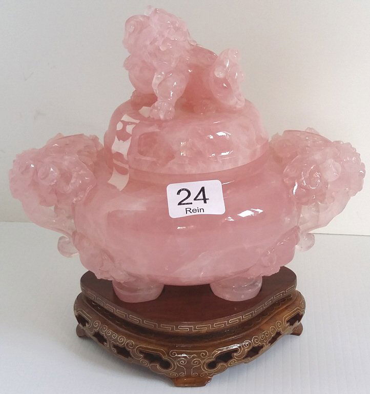 7" carved rose quartz urn on stand (1 of 3)