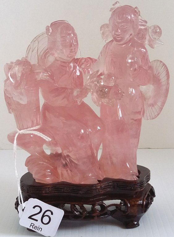 6" carved rose quartz figural group on stand (1 of 3)