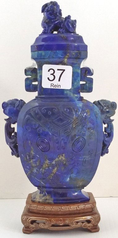 7" carved lapis urn on wood base- Foo lion finial (1 of 5)