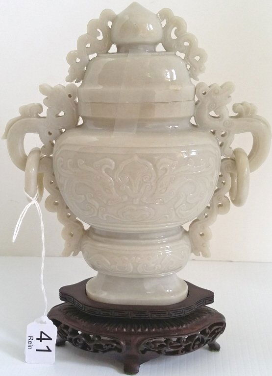 7" carved white jade urn with stand (1 of 4)