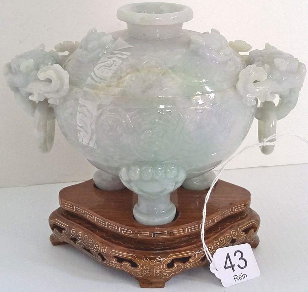 7" carved jade covered box on stand (1 of 5)